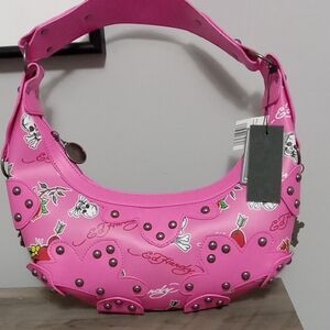 Ed Hardy Pink Studded Shoulder Bag New